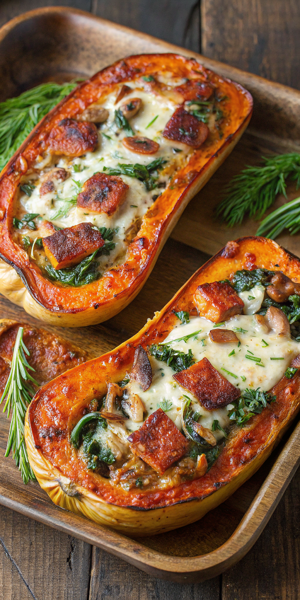 Fall Side Dish: Stuffed Butternut Squash with Spinach, Chicken, and Cheese | A Cozy, Comforting Classic