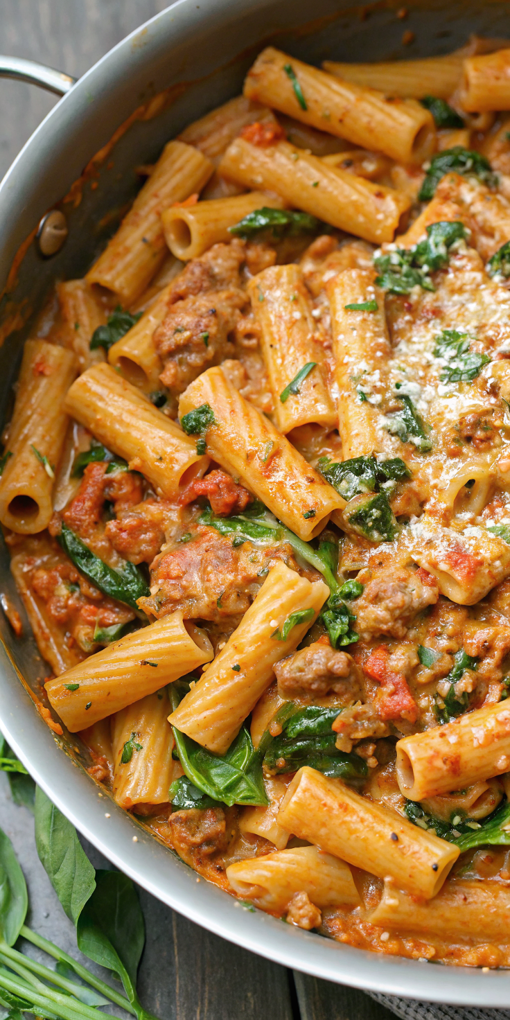 Creamy Sausage Rigatoni with Spinach, Garlic, and Tomato Cream Sauce – A One-Pan, 30-Minute Comfort Pasta Everyone Loves