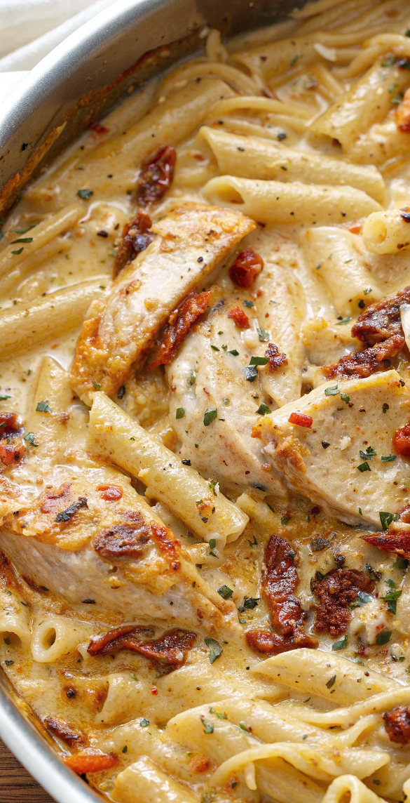 Chicken Mozzarella Pasta with Sun-Dried Tomatoes – Creamy, Cheesy & Italian-Inspired Comfort